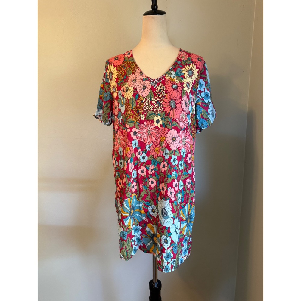 Natural Life Pink Floral tunic top/ Mini Dress S colorful boho cottage resort
